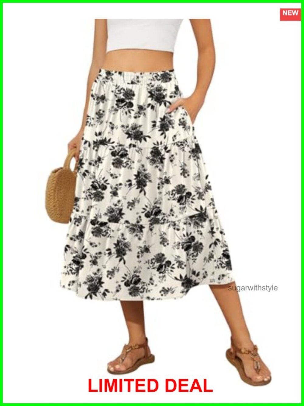 Women's Tiered Midi Skirt Flowy A-Line Elastic Waist Pockets